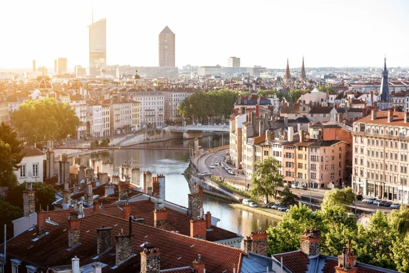morning aerial cityscape view with beautiful old buildings and skyscrapers in lyon city, france