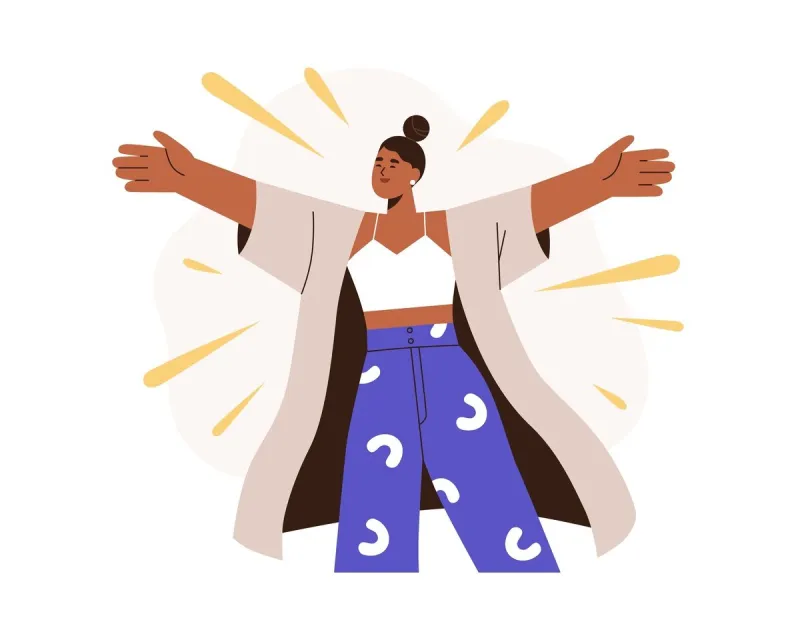 happy friendly emotional woman hugging, welcoming open-minded excited positive female extrovert extraversion, openness, hospitality concept flat vector illustration isolated on white background