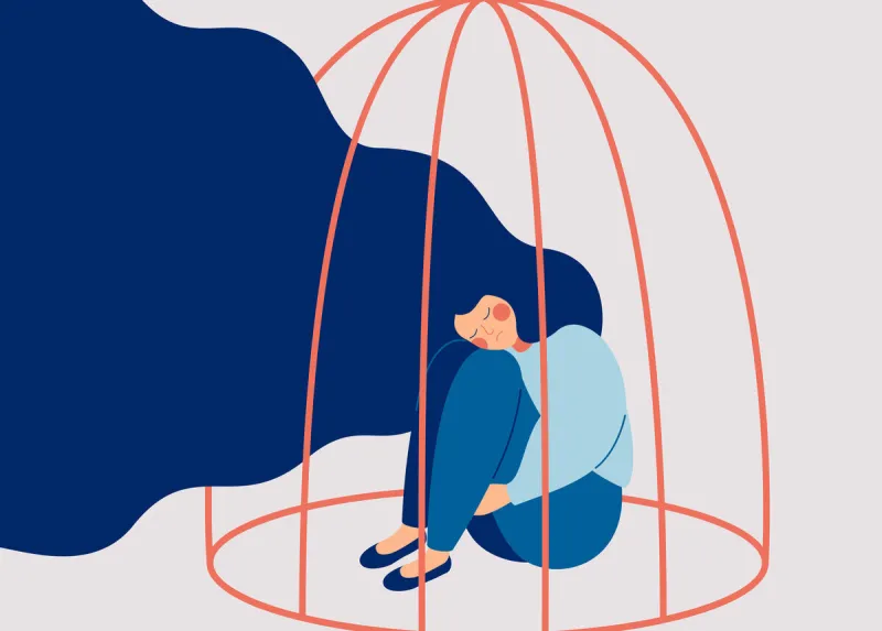 young sad woman locked in a cage concepts of restrictions on the ability of women in society human character illustration