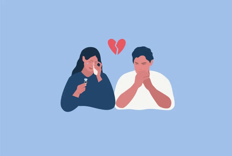 couple broke up wife holding wedding ring and crying unhappy husband vector illustration