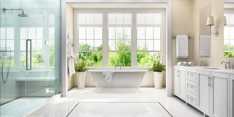 large white bathroom with bath, large window, shower and two washbasins