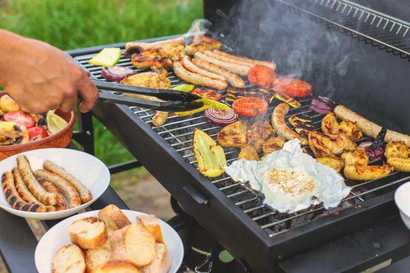 grill sausages and vegetables selective focus food