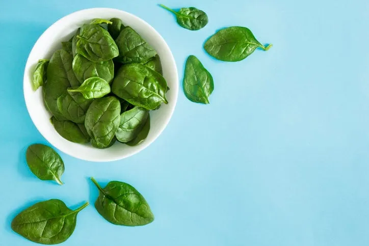 fresh spinach in a bowl on a blue background