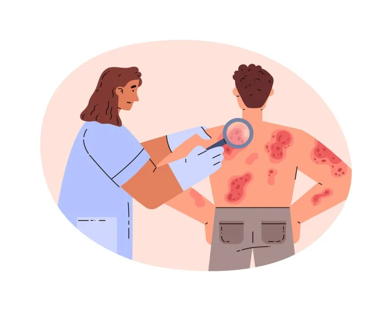 female doctor examines a male patient with psoriasis vector illustration in cartoon flat style skin diseases and sick man woman dermatologist medical diagnostics and treatment of allergic