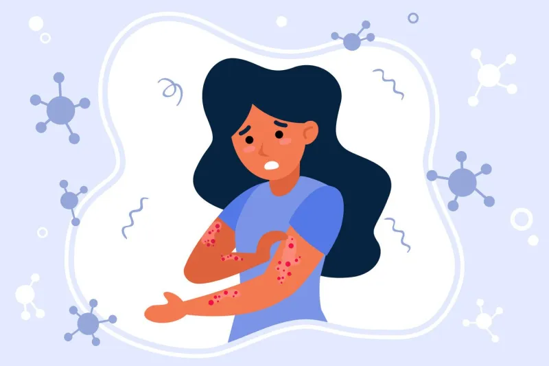 person suffering from rush hives, fever, stress, chickenpox flat vector illustration illness, epidemics, virus concept for banner, website design or landing web page