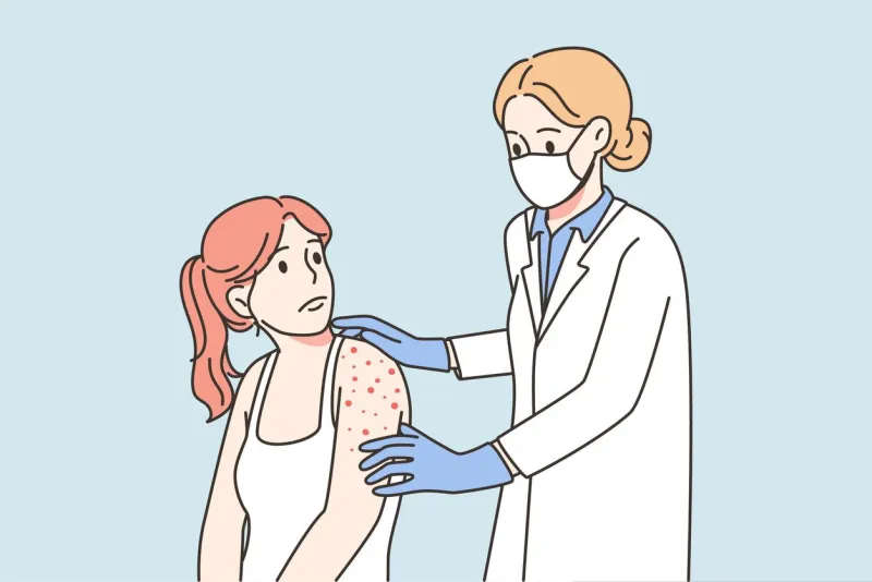 doctor checking woman with red pimples on body nurse examine female patient with rash on shoulder monkeypox or smallpox virus vector illustration
