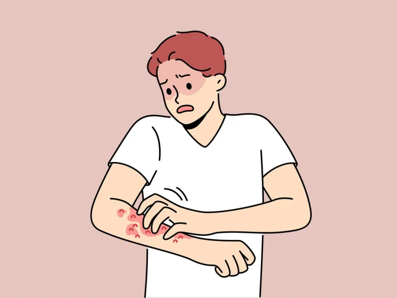 unhealthy man scratch red pimples on arm suffer from allergy or dermatitis stressed unwell guy suffer from itchiness and redness healthcare vector illustration