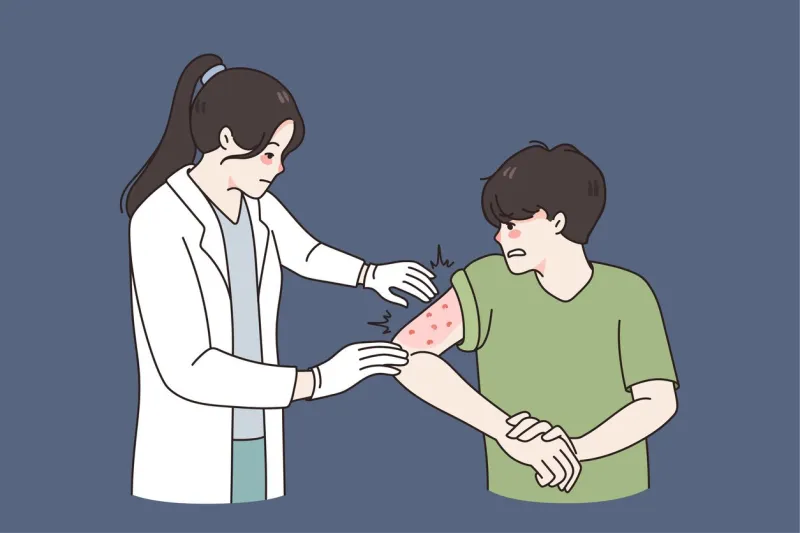doctor examine unhealthy boy with red spots or inflammation on arm nurse checkup guy with psoriasis or eczema on hand hospital seasonal allergy treatment healthcare flat vector illustration