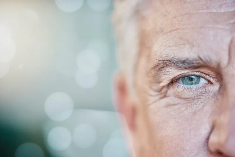 retina, vision and mockup with blue eye of old man for focus, optometry and healthcare iris, human and awareness with senior male and pupil for sight, natural and ophthalmology on bokeh background