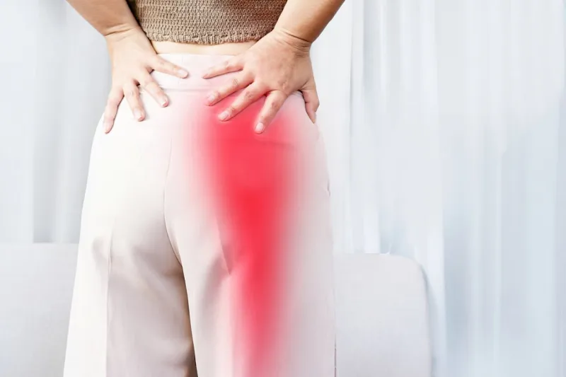 sciatica pain concept with woman suffering from buttock pain spreading to down leg