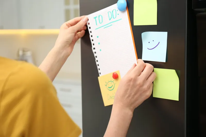 woman putting blank to do list on refrigerator door in kitchen, closeup