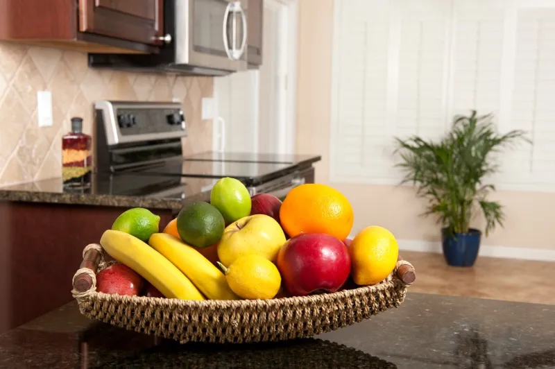 basket of fresh fruit in modern kitchen