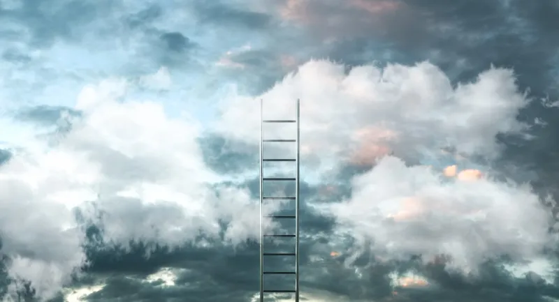 ladder on clouds with sky background - way to success concept 3d illustration