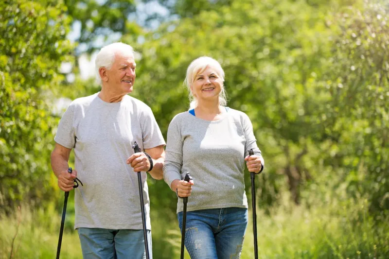 senior couple nordic walking in park