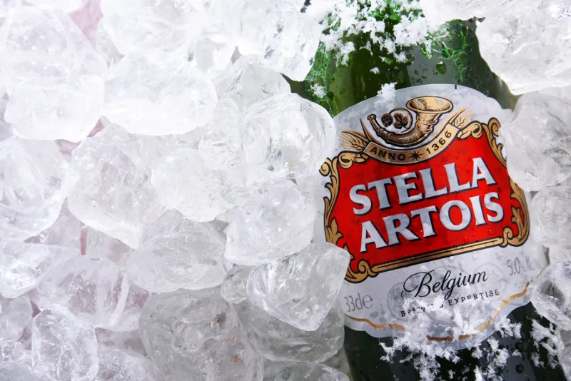 poznan, pol - may 28, 2020  bottle of stella artois, prominent brand of anheuser-busch inbev it is a pilsner brewed in leuven, belgium, since