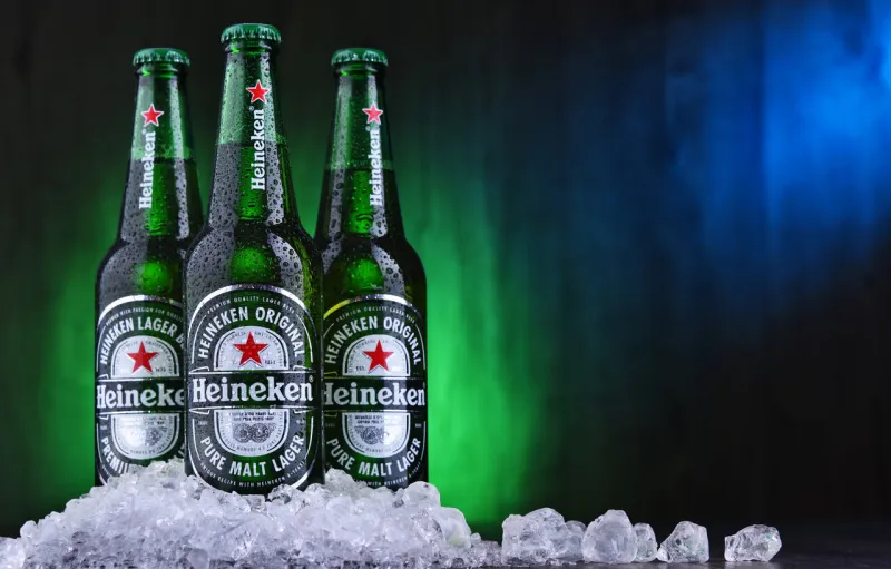 poznan, pol - aug 22, 2019  bottles of heineken lager beer, the flagship product of heineken international which owns over 125 breweries in more than 70 countries