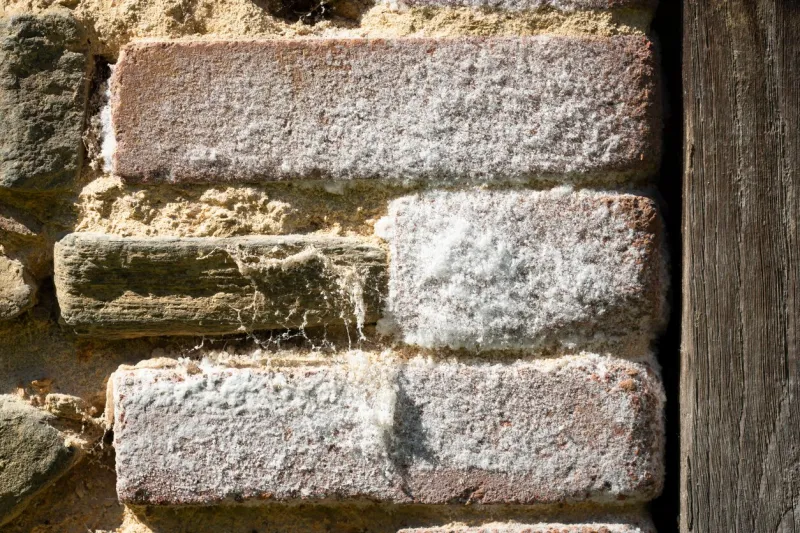 side view detail of the white hairs of saltpeter, saltpetre or potassium nitrate on an old exterior brick wall