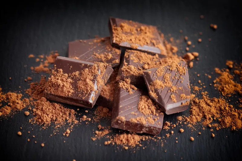 broken dark chocolate with cocoa powder black slate background