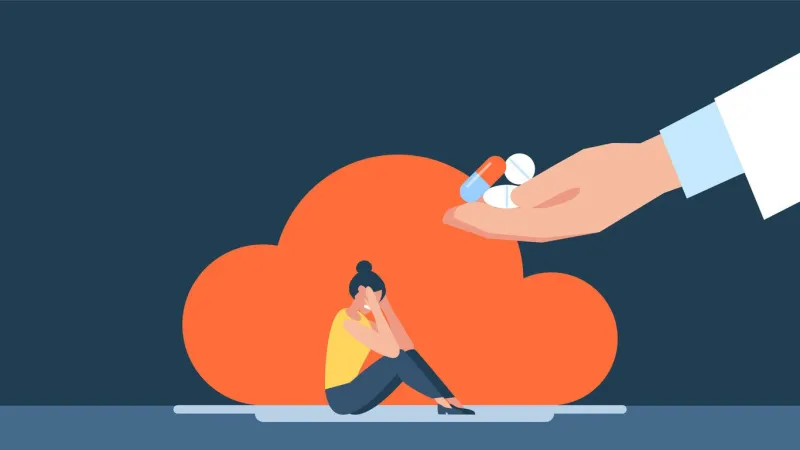 hand giving pills to sad woman who holds his head with hands antidepressant saving tiny person from depression help in treatment medicines pills medicine, stress concept vector illustration