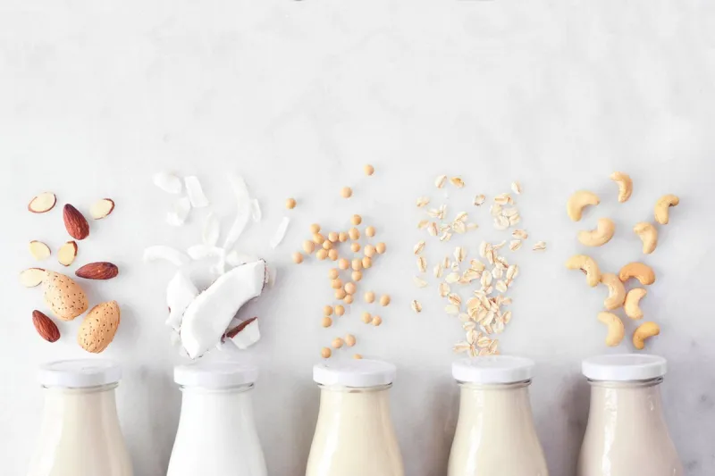 vegan, plant based, non dairy milk variety in milk bottles with ingredients above view over a white marble background
