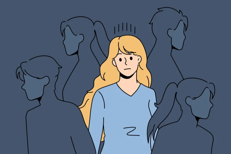 sad young woman surrounded by people silhouettes feel lonely in society suffer from lack of communication upset girl struggle with loneliness and solitude in crowd outcast vector illustration
