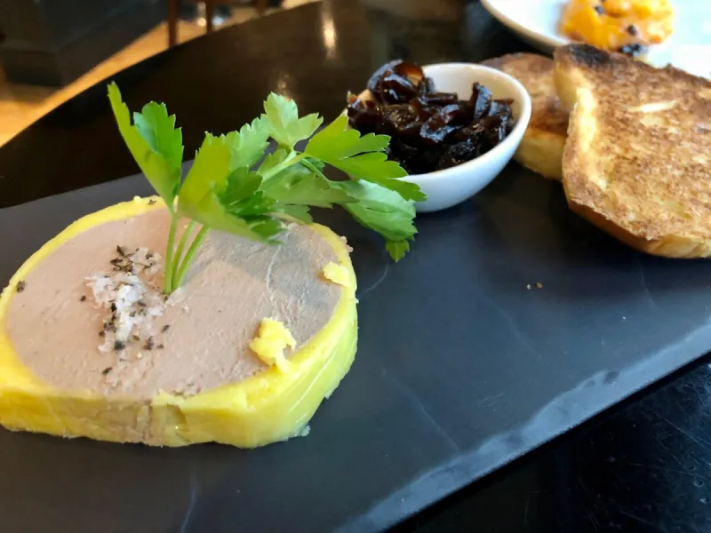 terrine fois gras de canard with rock salt, onion chutney and butter toast