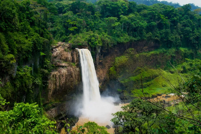 panorama of main cascade of ekom waterfall at nkam river, cameroon