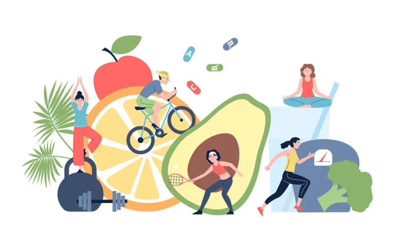 sport and healthy diet wellness and detox, sporty lifestyle people doing exersices, run and meditation drink water and eat fresh food vector scene of fitness sport healthy and wellness lifestyle