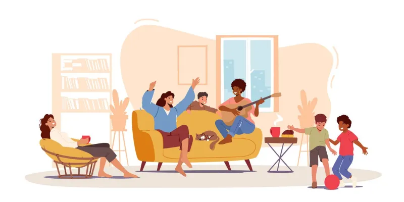 moms girlfriend at home, happy family characters laughing, playing guitar, mother, her friends and children telling funny stories, dance, spending time together cartoon people vector illustration