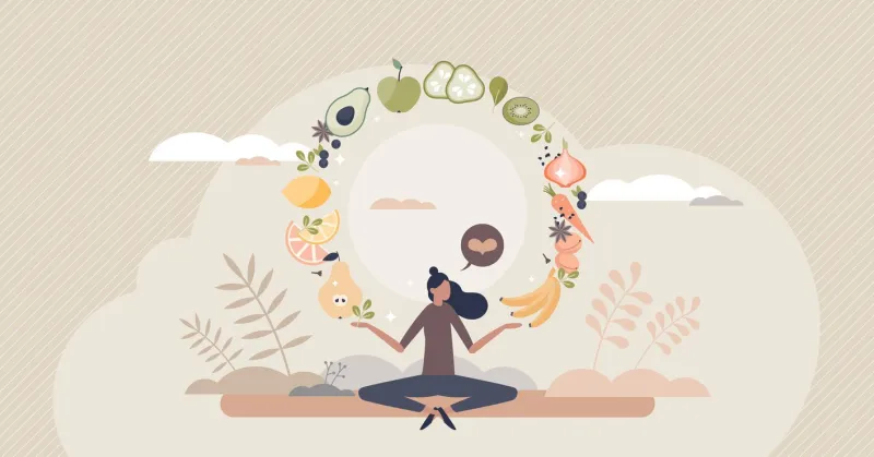 mindful eating and daily diet with harmony and balance tiny person concept complete full menu with healthy vegetables and fruits for body balance and fit vector illustration mind wellness lifestyle