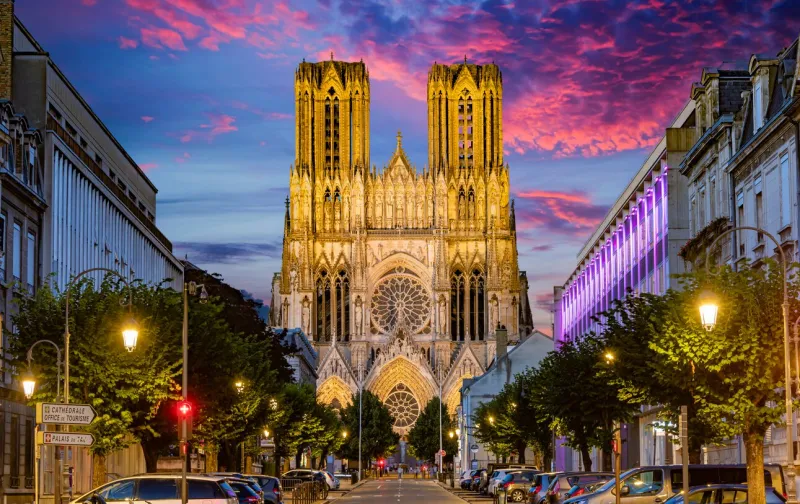 reims, france - aug 6, 2022  cathedral of our lady of reims, france after sunset