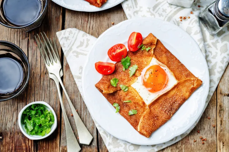 buckwheat crepes with cheese and egg toning selective focus