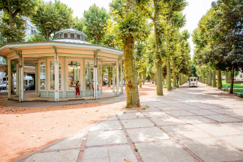 vichy, france - august 01, 2017  park near the thermal spa building in vichy city, france