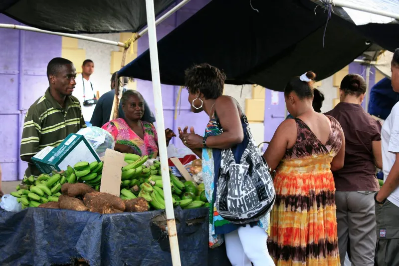 french guiana, cayenne - july 10, 2013  people buying and selling fruit & vegetables at market, cayenne, french guiana