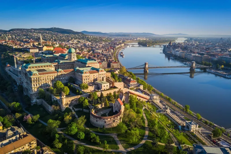 budapest, hungary - beautiful aerial skyline view of budapest at sunrise with szechenyi chain bridge over river danube, matthias church and parliament of hungary