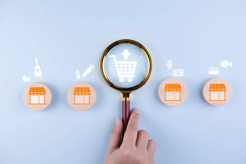 magnifying glass focus with online shopping concept, marketplace website with virtual interface of online shopping cart part of the network, online shopping business with selecting shopping cart