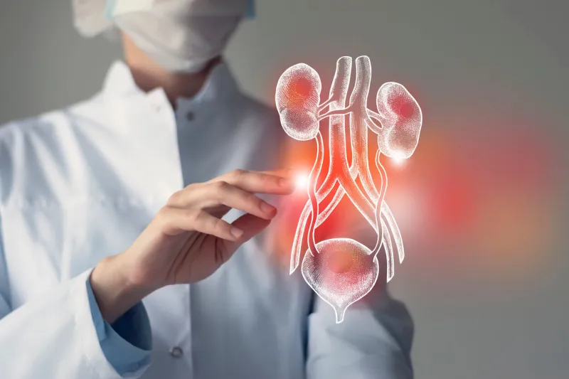 female doctor touches virtual bladder and kidneys in hand blurred photo, handrawn human organ, highlighted red as symbol of disease healthcare hospital service concept stock photo