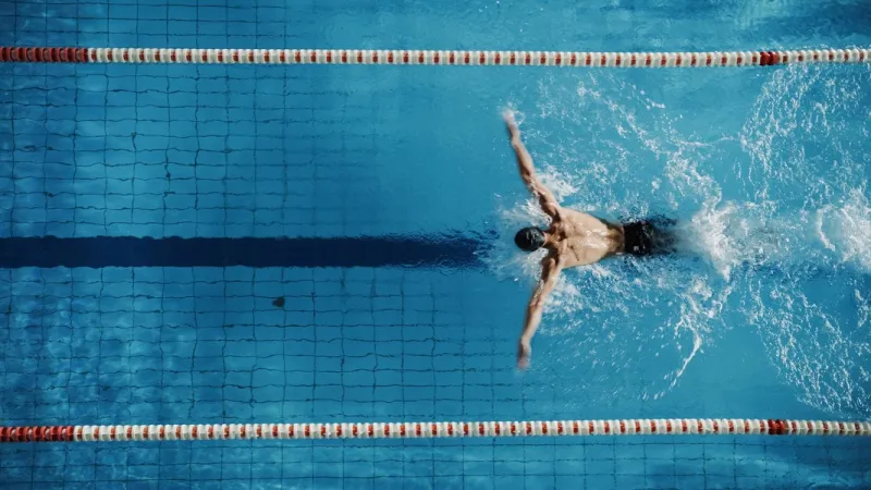 aerial top view male swimmer swimming in swimming pool professional determined athlete training for the championship, using butterfly technique top view shot