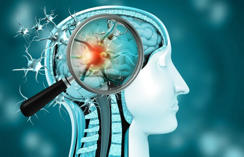 virus infection in brain magnifying glass finding virus 3d illustration