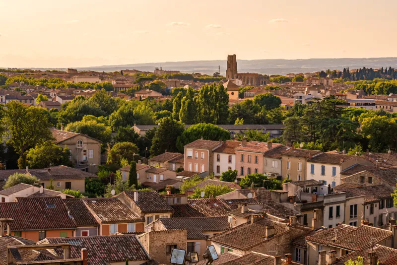 panoramic view of the ville basse de carcassonne in france