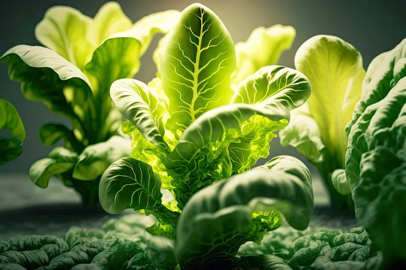 fresh lettuce leaves growing in hydroponic farm closeup