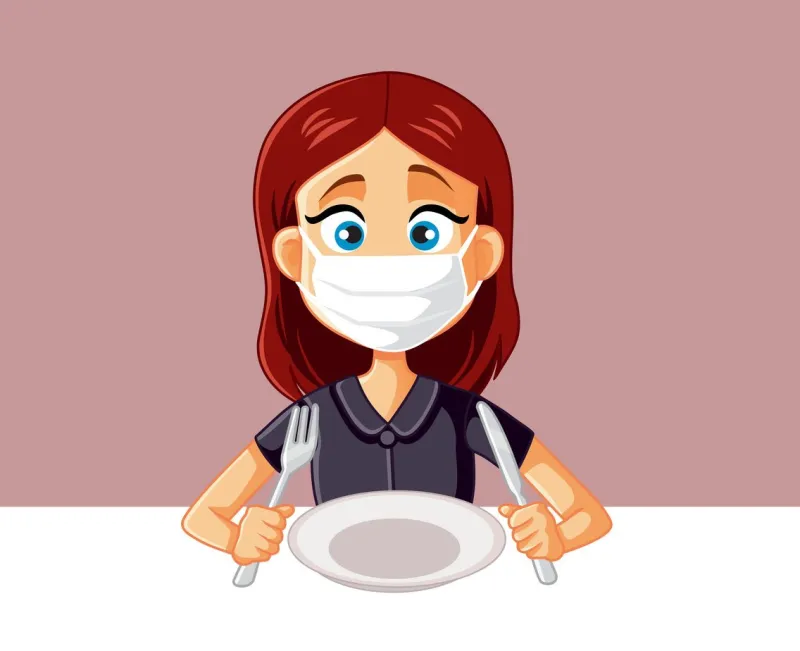 woman wearing medical face mask at the restaurant vector