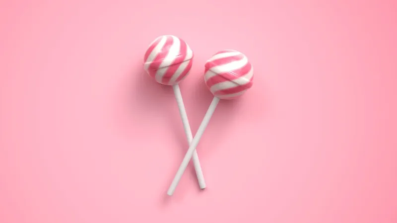 two sweet striped pink and white lollipops on stick on bright pink background 3d rendering