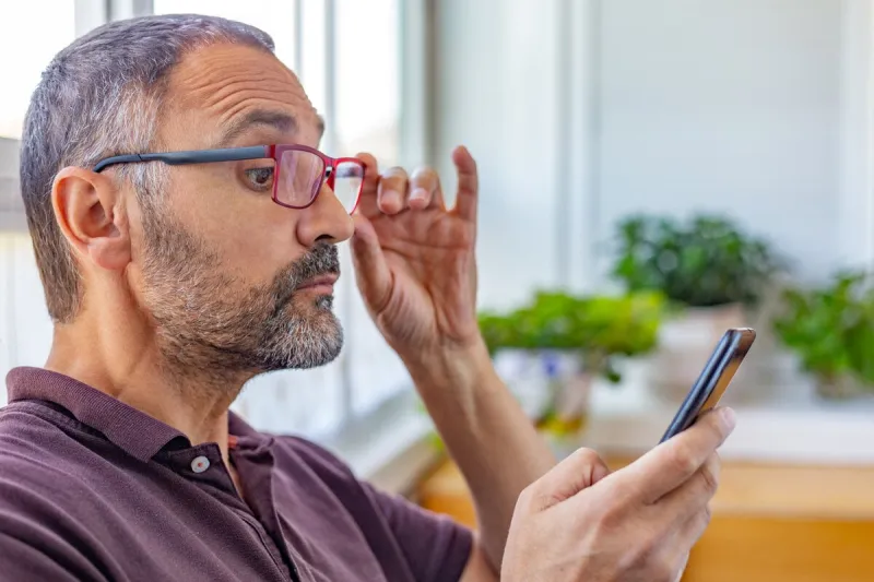 spain adult man with beard putting on presbyopic glasses to see closely the mobile phone screen