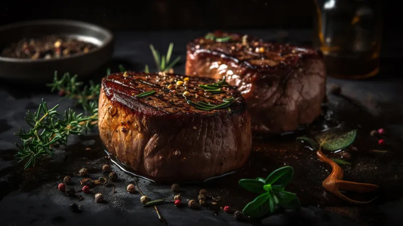 grilled beef fillet steaks with herbs and spices on dark background generative ai
