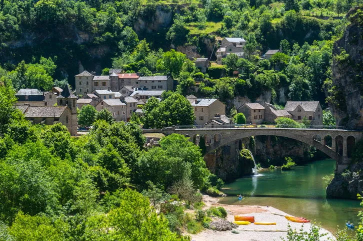 gorges du tarn (lozere, linguedoc-roussillon, france), famous canyon at summer village, bridge and canoes