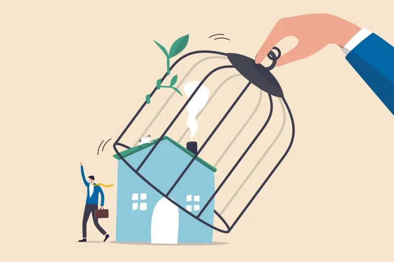 reopen economy after coronavirus lockdown, restart business in normal operation after peak of coronavirus covid-19 outbreak concept, government hand unlock the cage and businessman return to work