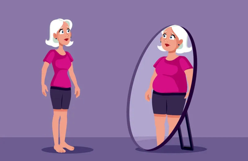 sad slim woman with body dysmorphic disorder imagining herself in a different light