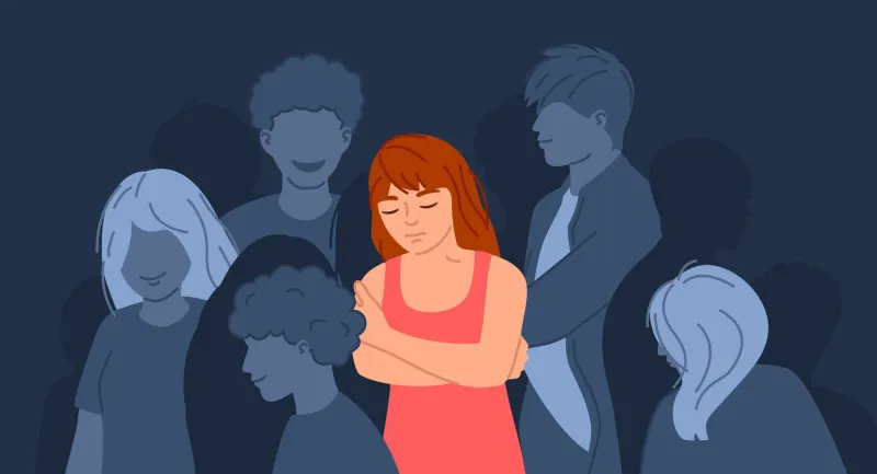 depressive crowd social loneliness, sadness, and exhaustion depressed girl int crowd of indifferent people vector illustration young unhappy girl feeling alone, having stress or despair
