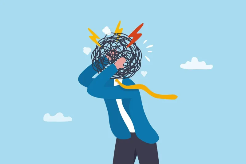 overthinking, too much worried, stress or anxiety, self doubt, fear or indecision, obsession thoughts, mental exhaustion or negative emotional, overload concept, businessman overthinking mess head